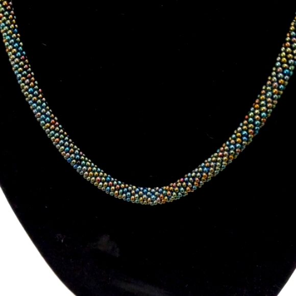Blue Chochet Seed Beaded Neckless 24", Magnetic Clasp - Picture 2 of 3